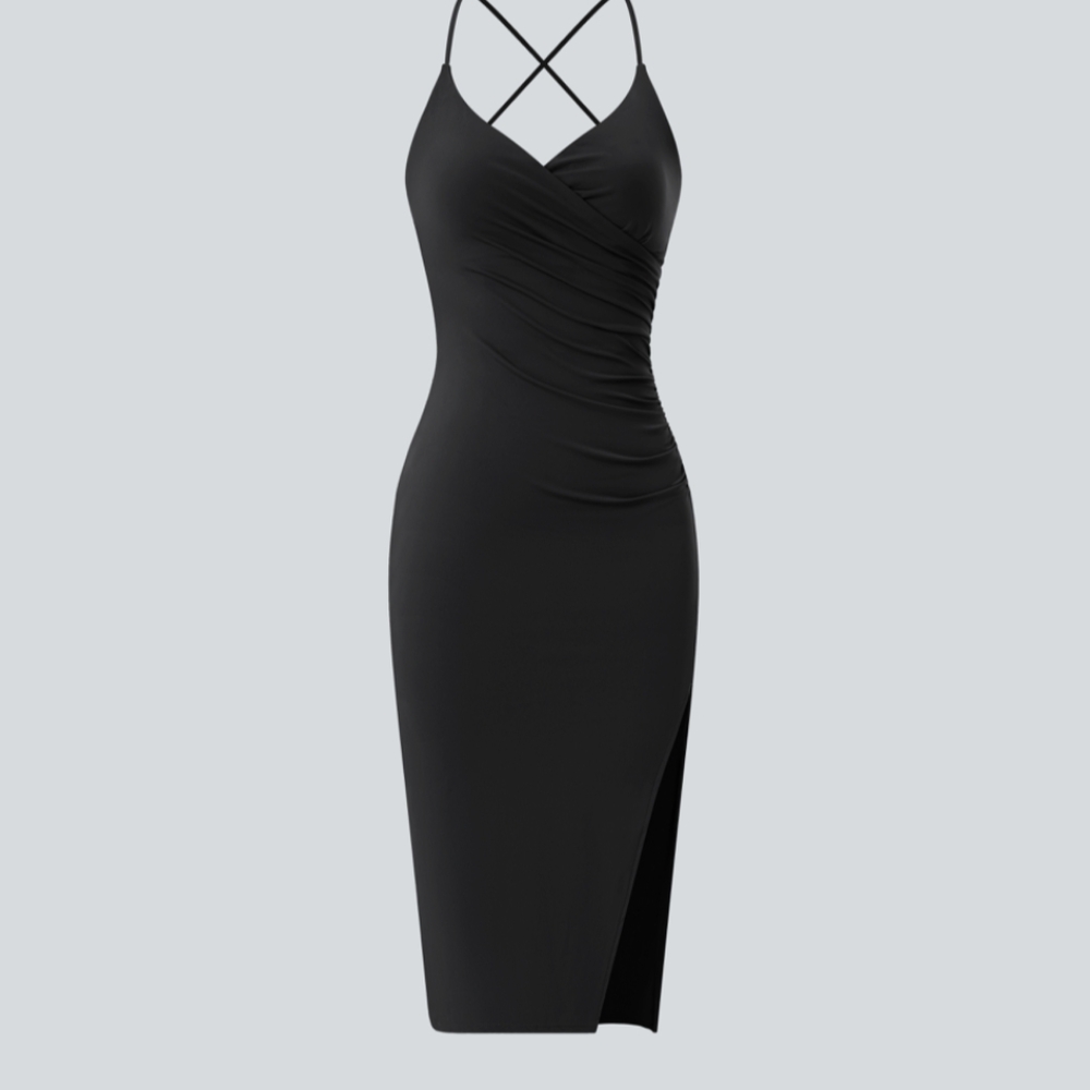 HALARA Softly Airy Crossover Ruched Lace Up Back Sexy Dress New Black Date D-F